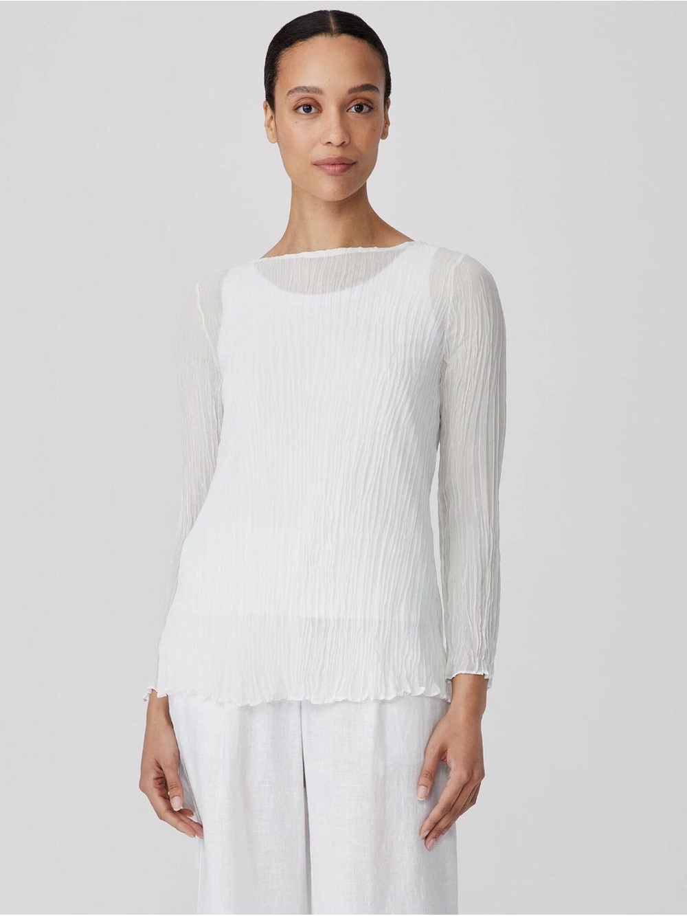 Eileen Fisher 🐛 100% Silk Crinkled Georgette Bateau Neck Tunic 1X Ivory NWOT